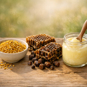 Pyłek pszczeli, pierzga i mleczko pszczele na drewnianym stole – produkty pszczele wspierające odporność i regenerację organizmu