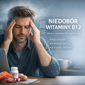 Niedobór witaminy B12 – mężczyzna z bólem głowy przy komputerze oraz produkty bogate w B12: łosoś, mięso, jaja i suplement