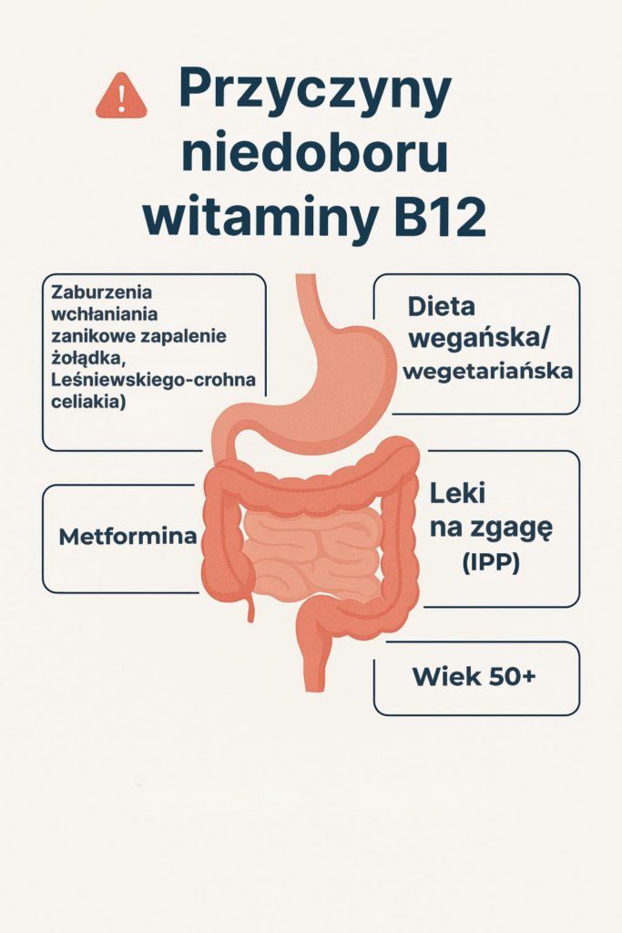 Niedobór witaminy B12 – objawy neurologiczne, psychiczne i jak go rozpoznać? 3 Najczęstsze przyczyny niedoboru witaminy B12 – zaburzenia wchłaniania, dieta wegańska, metformina, IPP i wiek 50+