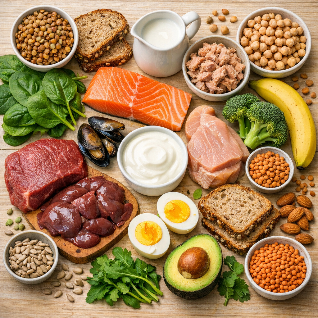 Naturalne źródła witamin z grupy B – wątróbka, mięso, łosoś, jaja, nabiał, strączki i zielone warzywa jako produkty bogate w B1–B12