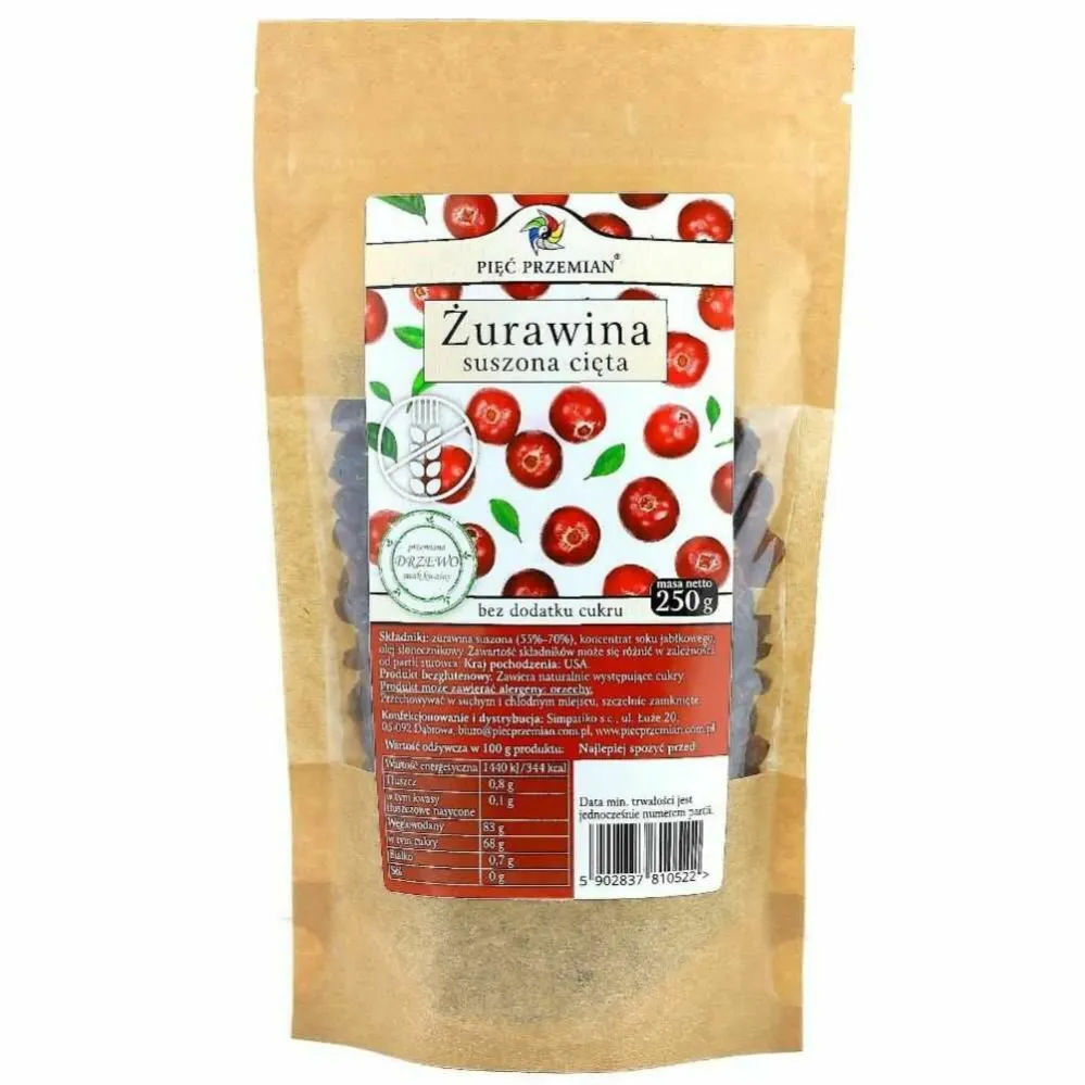 Żurawina Suszona z Sokiem Jabłkowym Cięta 250 g – Pięć Przemian