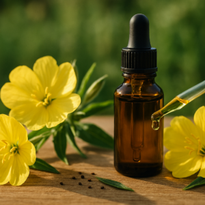Olej z wiesiołka w butelce z pipetą oraz kwiaty wiesiołka – naturalne źródło kwasu GLA wspierające skórę, hormony i zdrowie kobiet