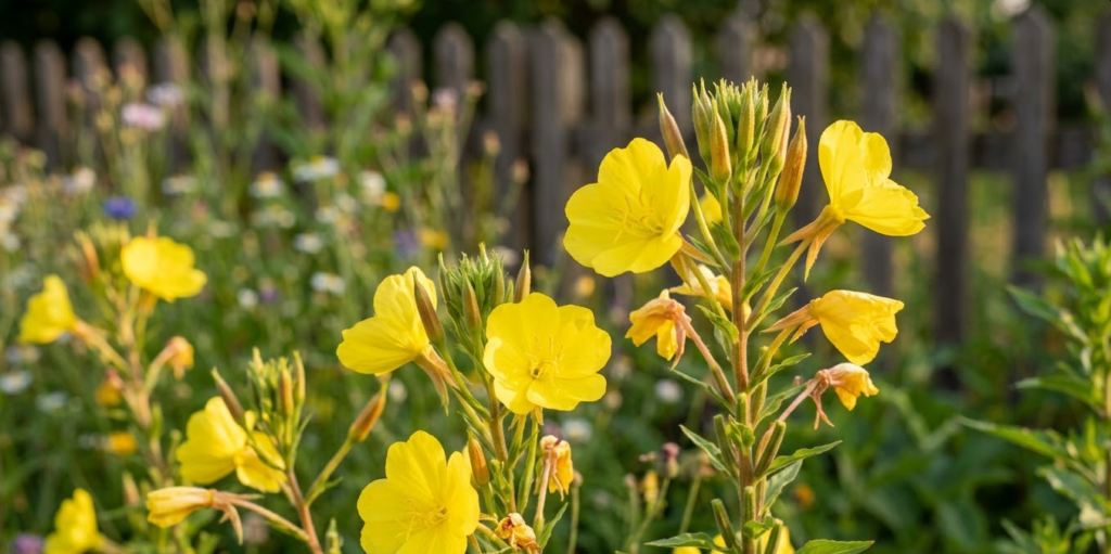 Kwitnący wiesiołek dwuletni (Oenothera biennis) z żółtymi kwiatami w ogrodzie – roślina będąca źródłem oleju z wiesiołka bogatego w kwas GLA