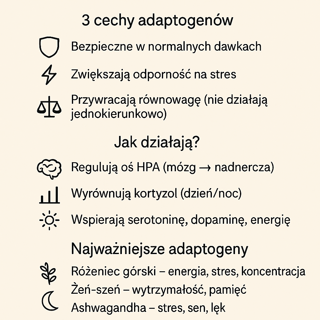 Adaptogeny – infografika przedstawiająca działanie adaptogenów, regulację stresu i kortyzolu oraz przykłady jak różeniec górski, żeń-szeń i ashwagandha