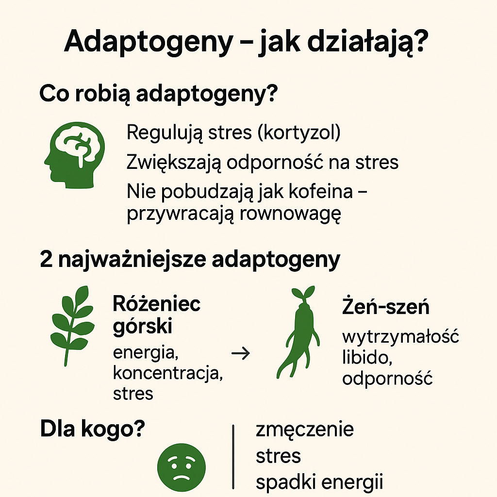 Adaptogeny – infografika wyjaśniająca działanie adaptogenów, w tym różeniec górski i żeń-szeń, oraz ich wpływ na stres, energię i odporność