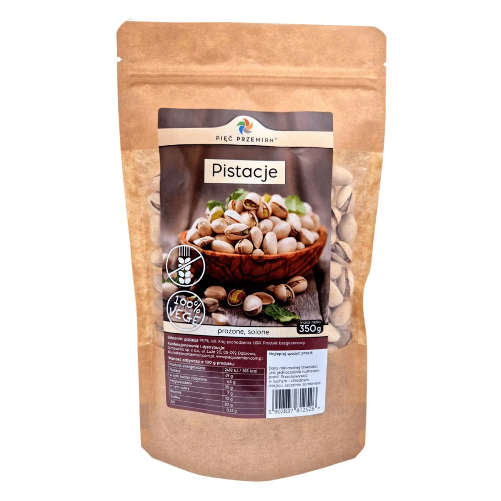 PISTACJE PRAŻONE I SOLONE W ŁUPINIE BEZGLUTENOWE 350 g – PIĘĆ PRZEMIAN