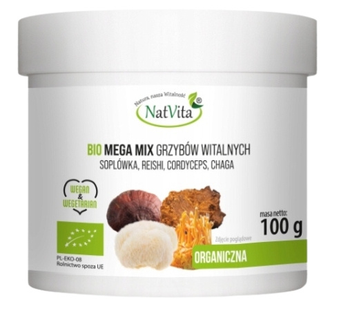 Mega MIX Grzyby Witalne BIO Reishi Cordyceps Chaga Hericium, 100 g – NatVita