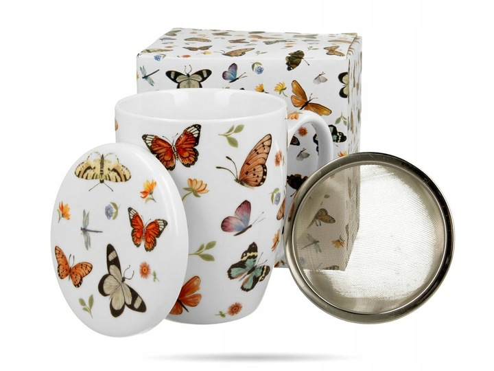 PORCELANOWY KUBEK z ZAPARZACZEM 360ml Kubek do Kawy Herbaty Prezent Motylki DUO