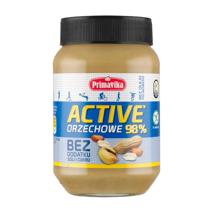 Primavika Masło orzechowe Active 98% bez dodatku soli i cukru 470 g