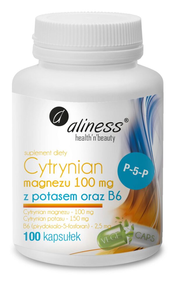 Cytrynian magnezu z potasem i witaminą B6 (P-5-P), 100 kapsułek Aliness – opakowanie