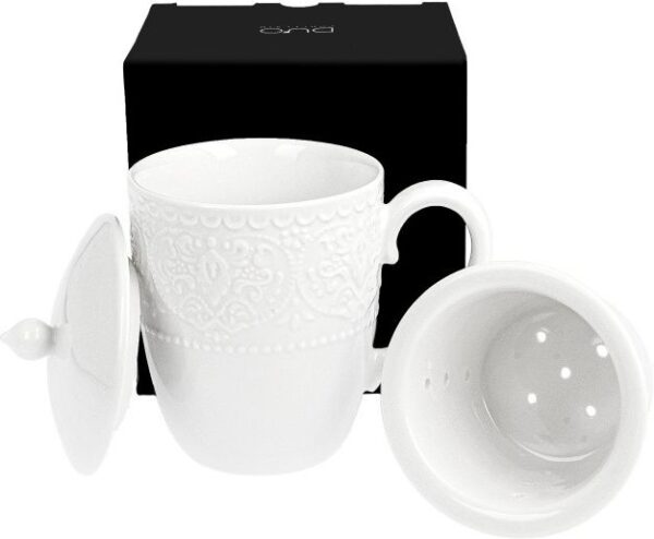 Duo Kubek porcelanowy Alice z zaparzaczem i przykrywką 350 ml biały