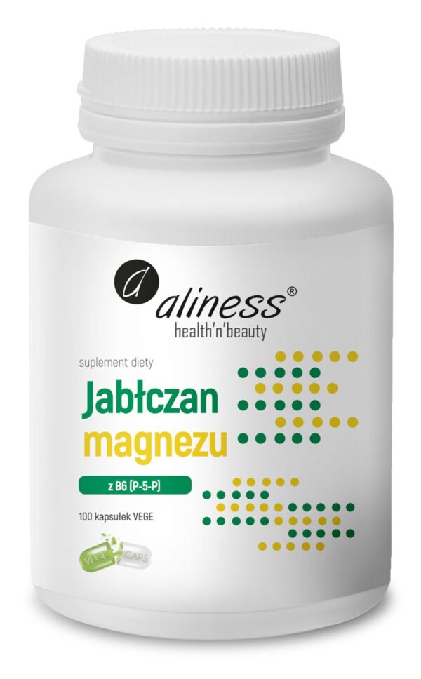 Jabłczan magnezu 100 mg magnezu z witaminą B6 (P-5-P), 100 kapsułek vege Aliness – opakowanie