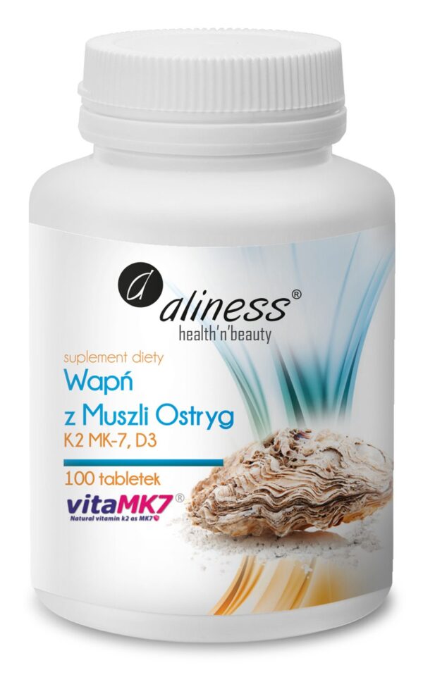 Wapń z muszli ostryg D3 + K2, 100 tabletek Aliness – opakowanie